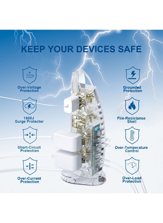 لوحة تمديد طاقة على شكل برج من Sailboat، مزودة بـ 8 مقابس تيار متردد عالمية، و6 منافذ USB (من النوع C وA)، وحماية من زيادة التيار بقدرة 3000 واط، لون أبيض. - Image 3